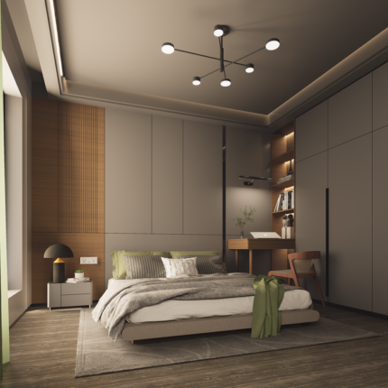 Cozy modern bedroom with minimalist decor and soft lighting.