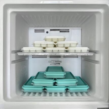 A well-arranged freezer filled with ice trays in a home kitchen setting.