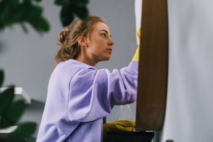 Side view of young focused female in latex gloves standing and cleaning mirror in light room in daytime